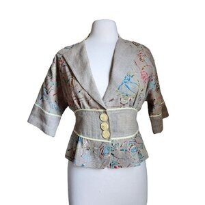 Tom K Nguyen 100%‎ Linen Beige Floral Blazer Women's Sz 4 Jacket Half Sleeves